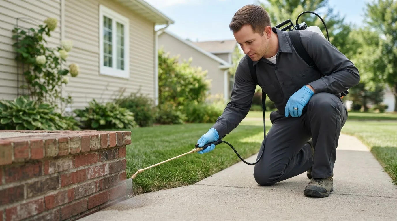 Pest control technician treating a home near Bay City, OR